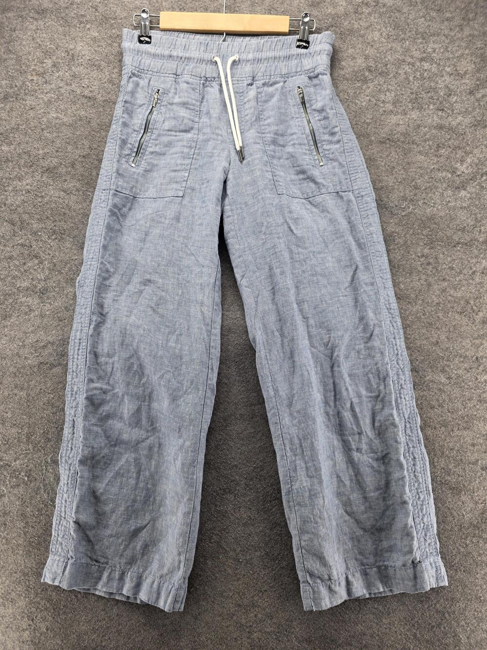Athleta Pants Womens 0 Blue Cabo Linen Wide Leg Drawstring Pockets 29.5 In